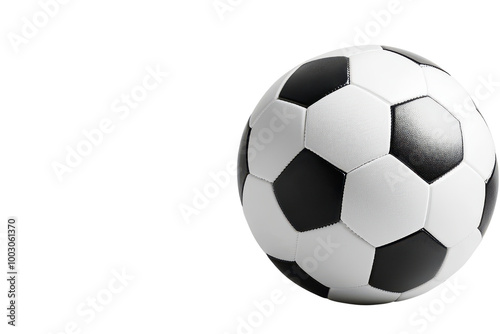 Close-up of a classic black and white soccer ball, perfect for sports-themed content and promotional materials.