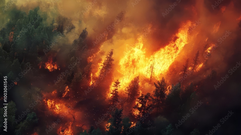 Intense forest wildfire with massive flames and smoke engulfing trees, illustrating environmental destruction and natural disasters. Intense forest wildfire with massive flames and smoke engulfing trees, illustrating environmental destruction and natural disasters.