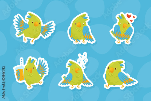 Green Parrot Funny Bird Different Activity Vector Sticker Set