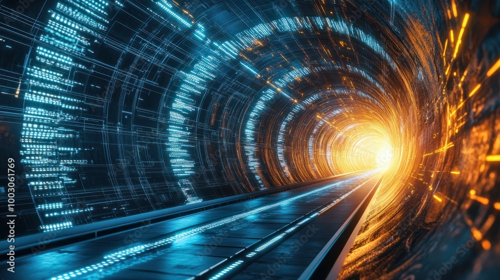 Futuristic digital tunnel featuring glowing lines and circuits, symbolizing advanced technology and innovation. Futuristic digital tunnel featuring glowing lines and circuits, symbolizing advanced technology and innovation.