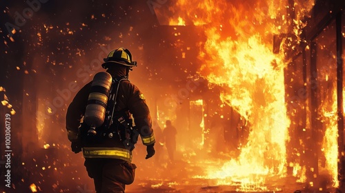 A firefighter battles an intense blaze in a burning building, showcasing bravery and dedication in the line of duty. photo