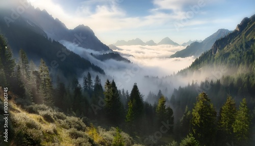 A breathtaking mountain landscape enveloped in swirling fog at dawn, showcasing rugged peaks and lush greenery in a serene natural setting. Generative AI