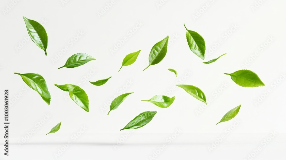Floating Green Leaves on White Background Generative AI Floating Green Leaves on White Background Generative AI