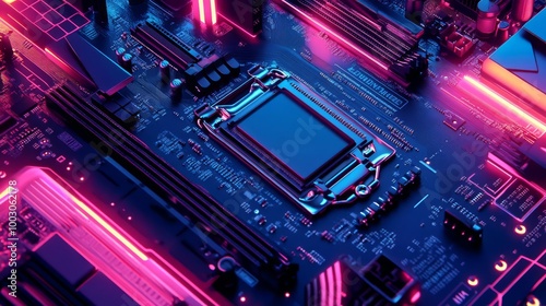 Close-up of a colorful computer motherboard with glowing neon lights, highlighting electronic components and intricate circuitry.