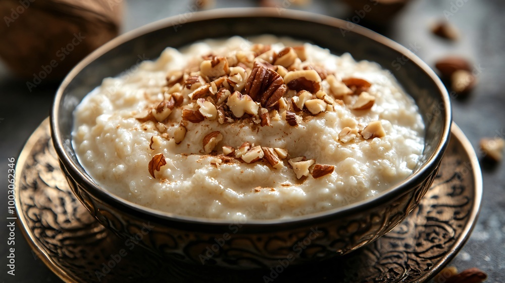 Coconut rice pudding topped with nuts, displayed on a ceramic plate, with a sleek modern background of metallic accents