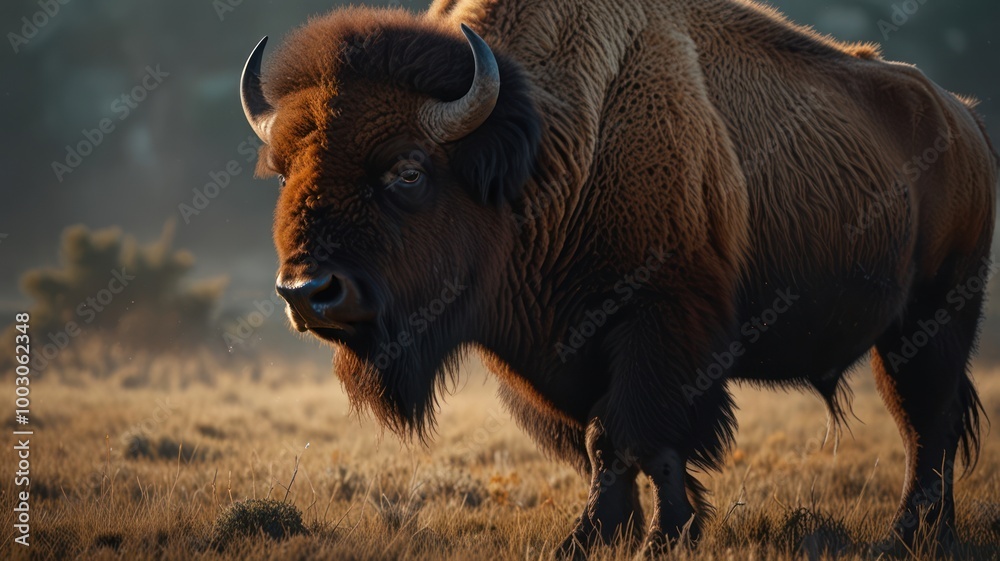 realistic illustration of a bison in the savannah