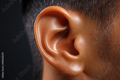 Hyper-realistic close-up of the human ear, with detailed textures showing the folds of the outer ear and the opening to the ear canal photo