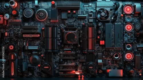 Close-up of a computer motherboard with red and blue lighting, showcasing intricate electronic components and technology details. photo