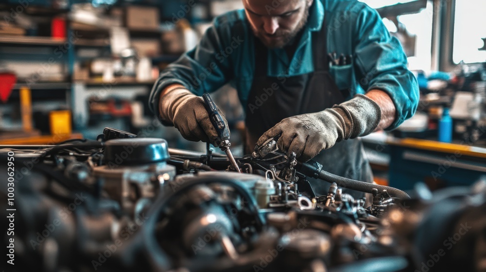 A skilled mechanic is focused on fixing a car engine in a home garage, utilizing tools amidst a well-organized workspace filled with automotive equipment A skilled mechanic is focused on fixing a car engine in a home garage, utilizing tools amidst a well-organized workspace filled with automotive equipment