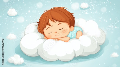 A cute little boy sleeping peacefully on a cloud with a blue sky and sparkling stars in the background.