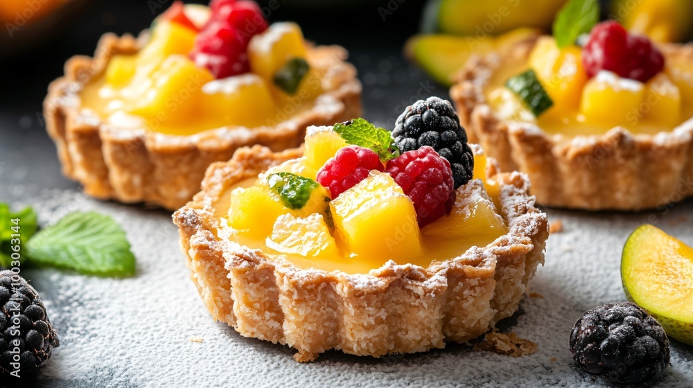 Coconut tarts with tropical fruits, on a smooth white surface, against a deep black backdrop with neon accents Coconut tarts with tropical fruits, on a smooth white surface, against a deep black backdrop with neon accents