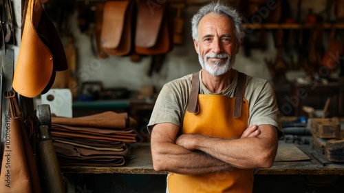 Portrait of a smiling senior artisan at leather workshop, copy space photo