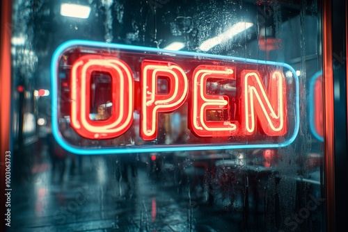 A vibrant neon “Open” sign glows in red and blue, reflecting on a rain-soaked window.