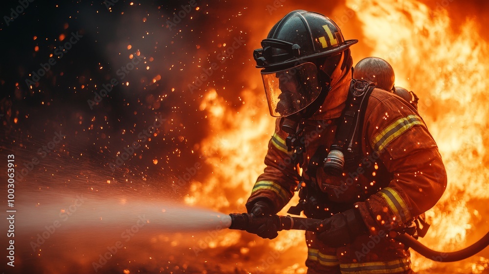 A brave firefighter in full gear battles a massive fire, the intense flames roaring in the background A brave firefighter in full gear battles a massive fire, the intense flames roaring in the background