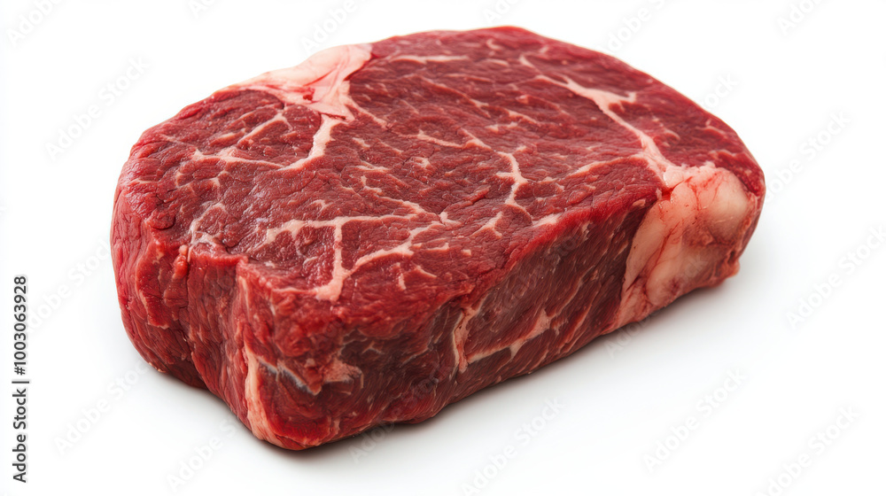 A raw, red meat steak with marbling, isolated on a white background A raw, red meat steak with marbling, isolated on a white background