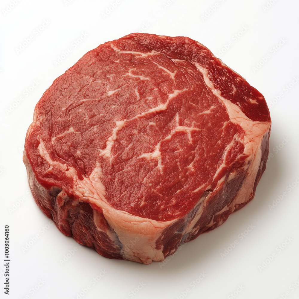 A raw, red meat steak with marbling, isolated on a white background