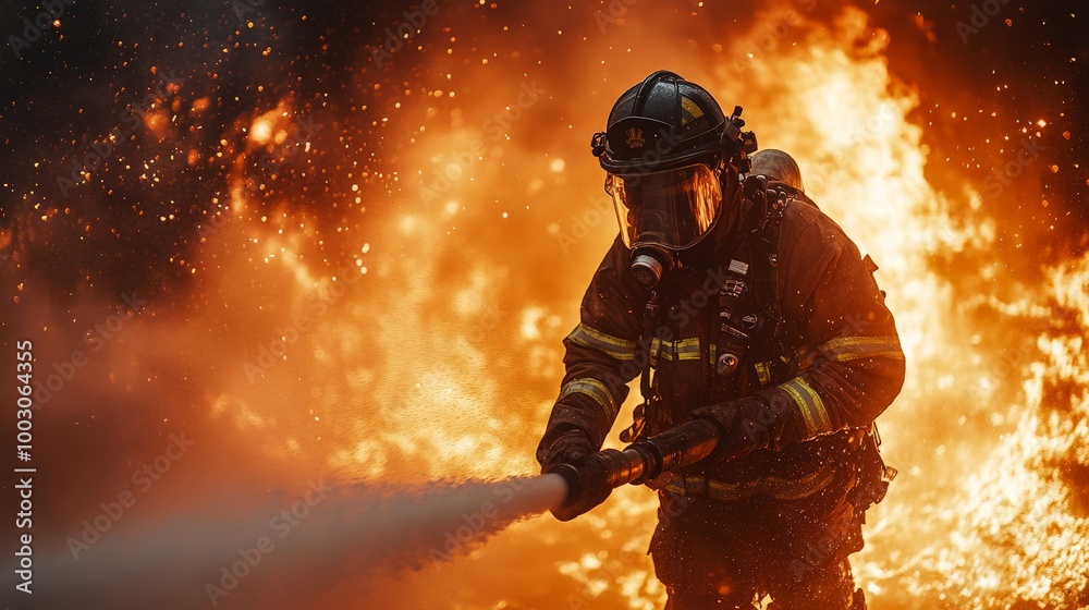 A brave firefighter in full gear battles a massive fire, the intense flames roaring in the background A brave firefighter in full gear battles a massive fire, the intense flames roaring in the background