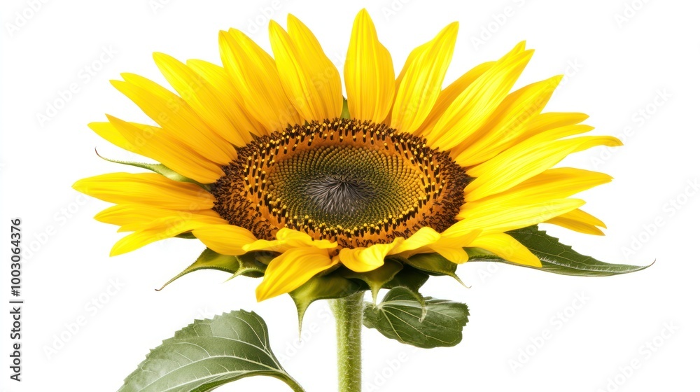 Obraz premium A vibrant sunflower with bright yellow petals and a textured center against a white background.