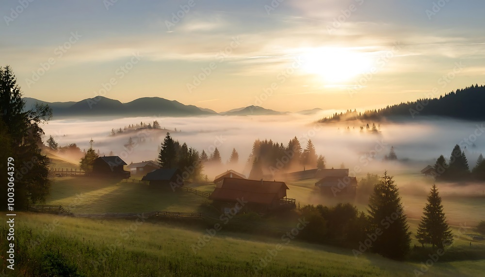 A tranquil rural village at dawn, with farmhouses and trees enveloped in mist, as the sun rises over the mountains, casting soft light on the landscape. Generative AI A tranquil rural village at dawn, with farmhouses and trees enveloped in mist, as the sun rises over the mountains, casting soft light on the landscape. Generative AI