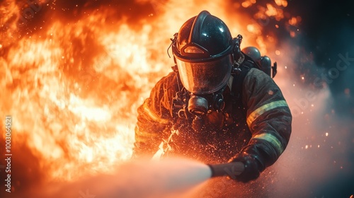 A brave firefighter in full gear battles a massive fire, the intense flames roaring in the background