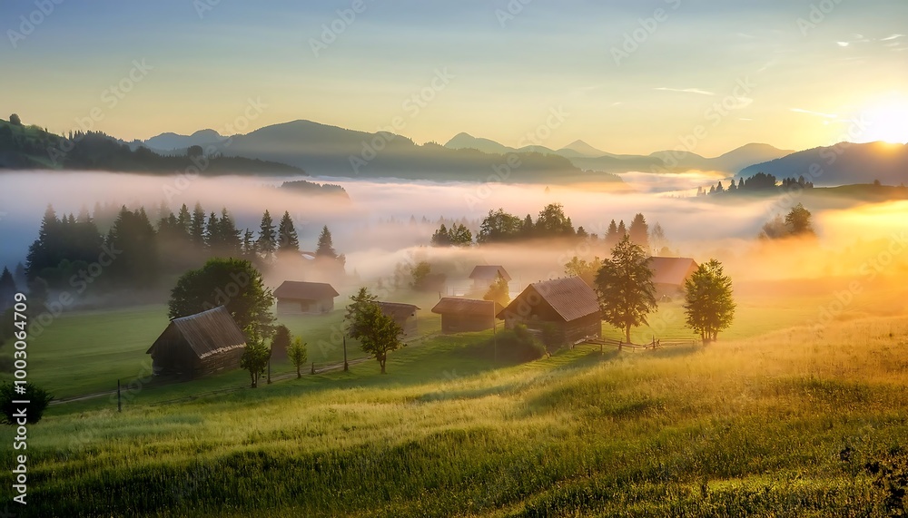 A serene rural village at dawn with farmhouses and trees blanketed in a gentle fog, surrounded by distant mountains and bathed in warm sunlight. Generative AI A serene rural village at dawn with farmhouses and trees blanketed in a gentle fog, surrounded by distant mountains and bathed in warm sunlight. Generative AI