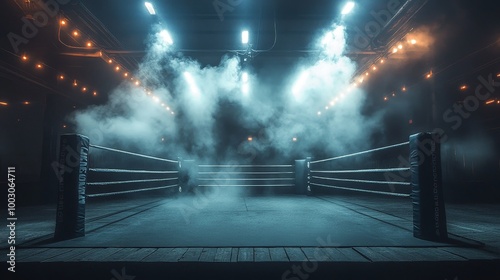 A dark boxing ring illuminated by bright overhead lights photo