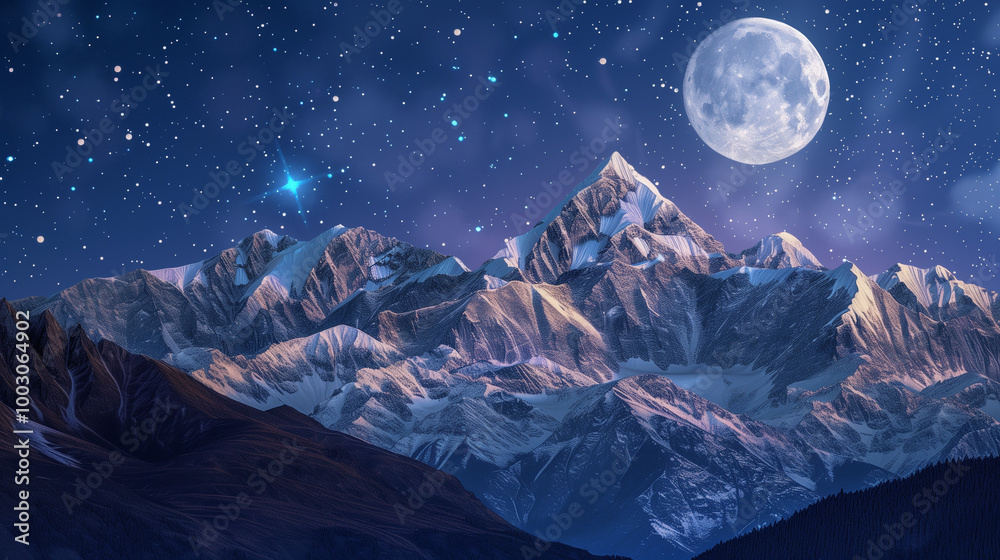 Snowy mountain peaks under full moon and starry night sky Snowy mountain peaks under full moon and starry night sky