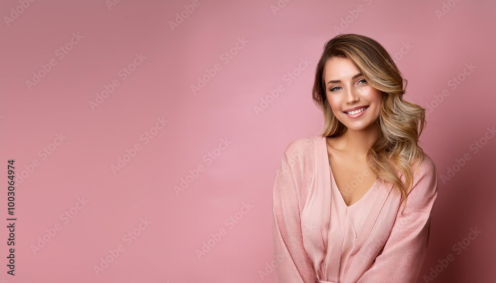 Happy Blonde Woman Smiling. Photo Studio. Pink Background. Happy Blonde Woman Smiling. Photo Studio. Pink Background.