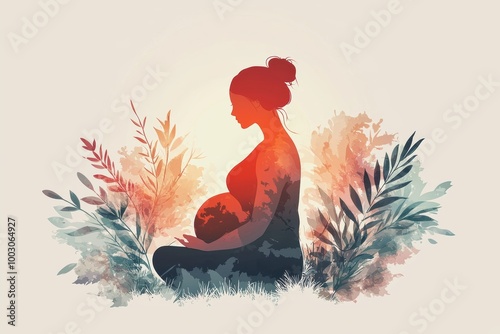 Silhouette of pregnant woman meditating in a serene nature-inspired setting with foliage