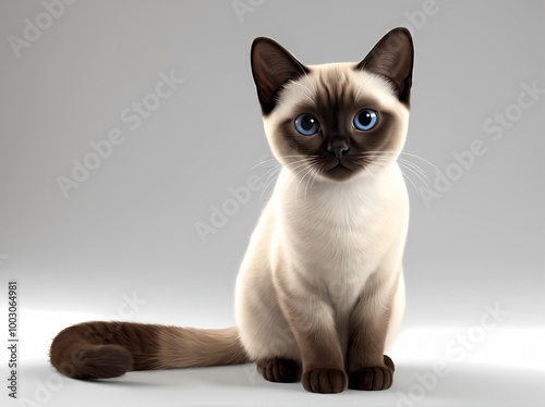 3D Illustration Art of A Cute Siamese Cat (Thai Cat) with Big Eyes Sitting on The Floor.