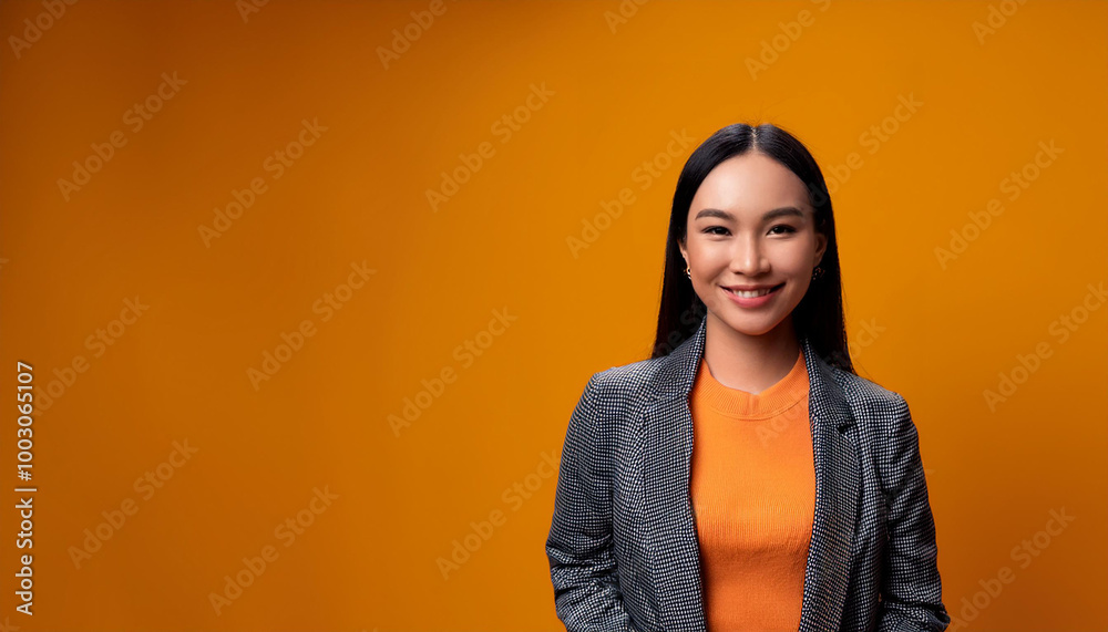Happy Asian Woman Smiling. Photo Studio. Bold Colors Background. Happy Asian Woman Smiling. Photo Studio. Bold Colors Background.