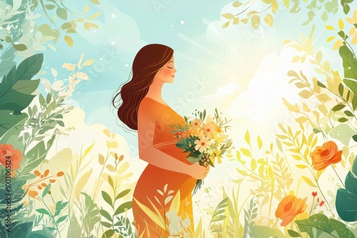 Pregnant woman holding a bouquet of flowers in a sunny garden with peaceful nature
