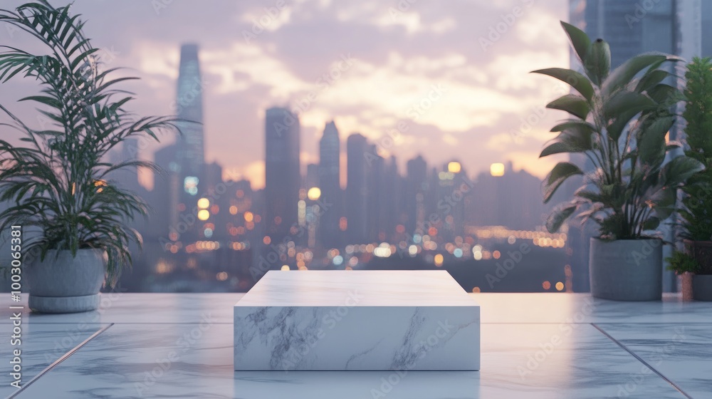 Obraz premium A minimalist display platform with a city skyline at sunset in the background.