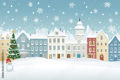 Retro Style Winter City with Christmas Tree and Snowman – Merry Christmas Background