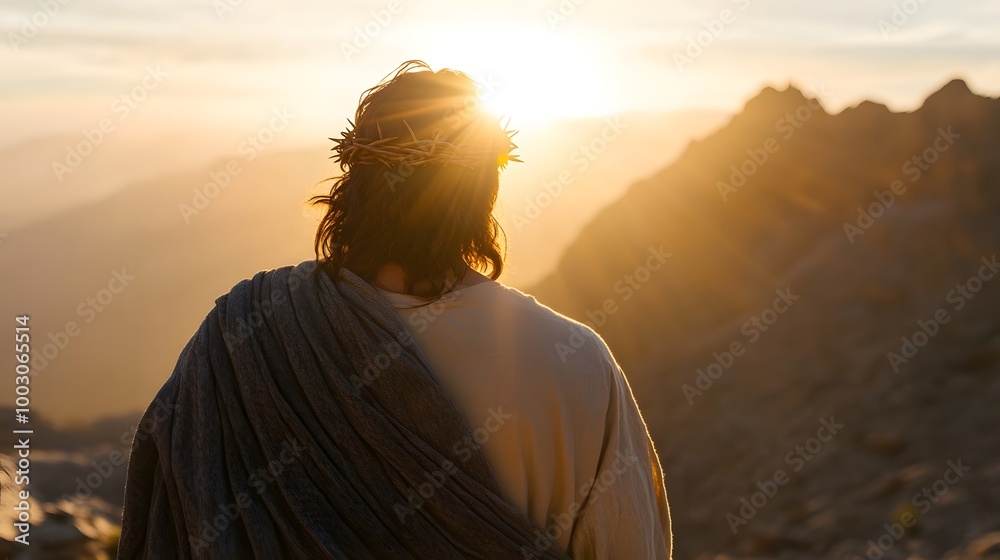 Jesus Christ with a crown of thorns on his head, seen from behind, looking at the sun in a mountainous landscape Jesus Christ with a crown of thorns on his head, seen from behind, looking at the sun in a mountainous landscape