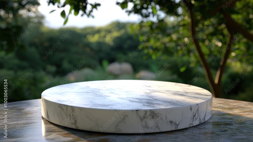 A marble display stand on a table surrounded by greenery, suggesting an outdoor setting. A marble display stand on a table surrounded by greenery, suggesting an outdoor setting.
