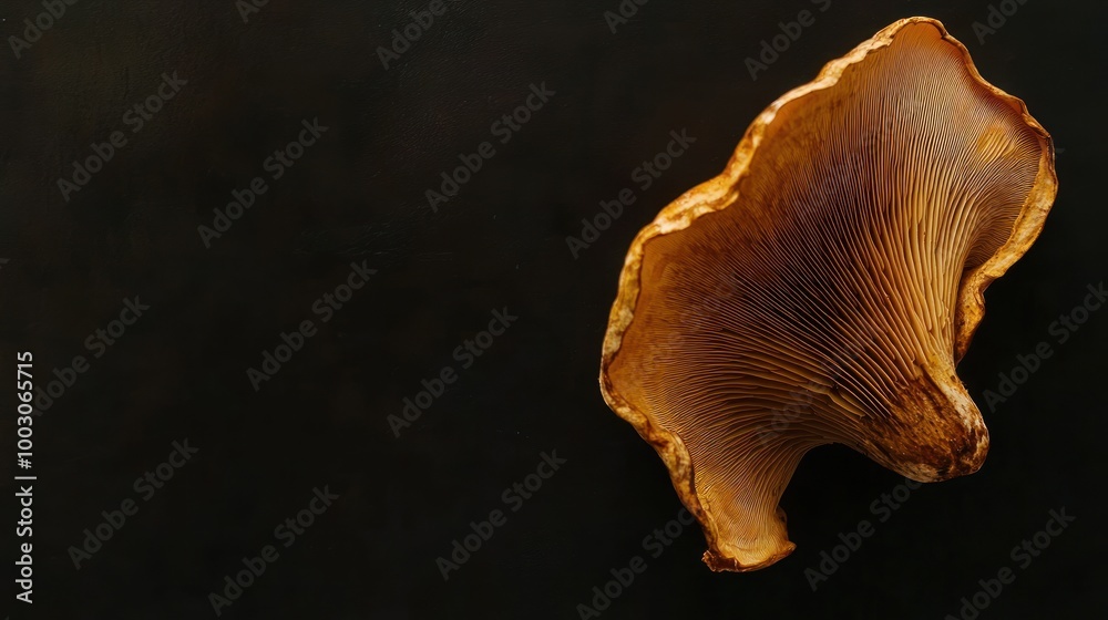 A close-up of a brown mushroom showcasing its unique texture and shape against a dark background.