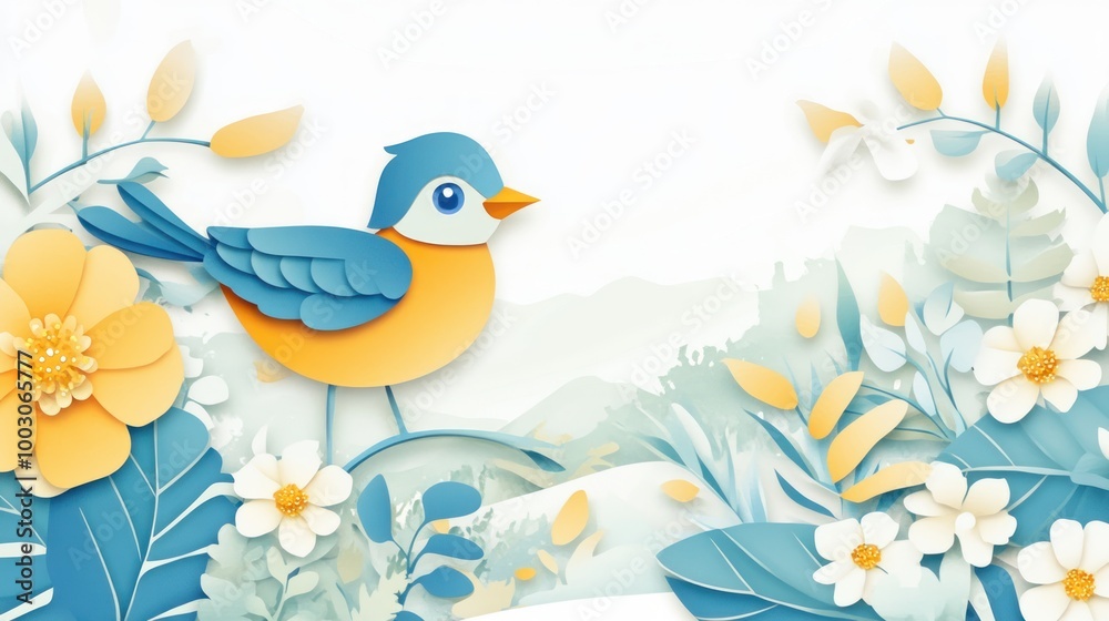 A colorful paper-cut style illustration of a bird surrounded by flowers and leaves. A colorful paper-cut style illustration of a bird surrounded by flowers and leaves.