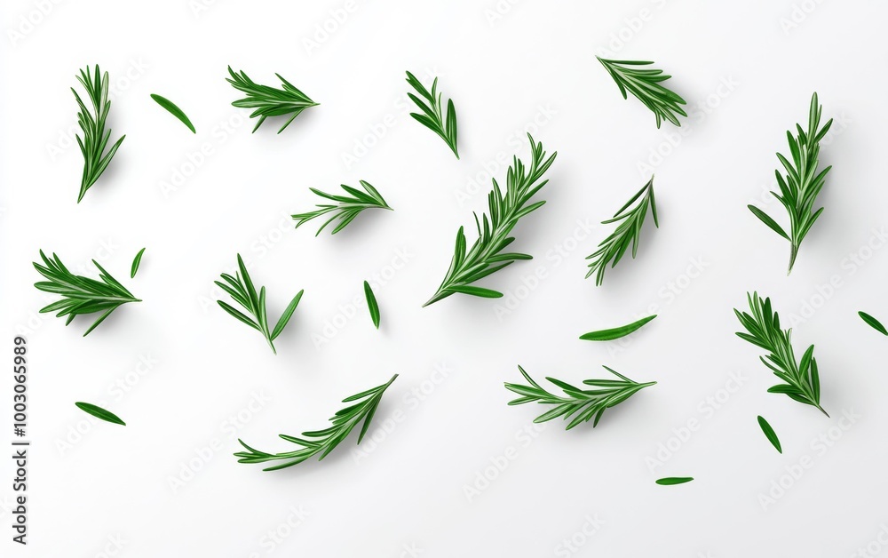 Fresh Rosemary Sprigs Scattered on White Background Generative AI Fresh Rosemary Sprigs Scattered on White Background Generative AI