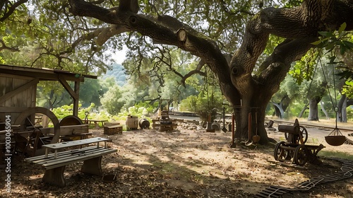 Relax in the shade of a big tree of oak with old wooden tools and toy tracks