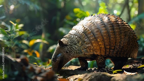 An armadillo forages quietly through the lush vegetation of the rainforest, showcasing its unique armor and vibrant environment during the early morning hours. photo