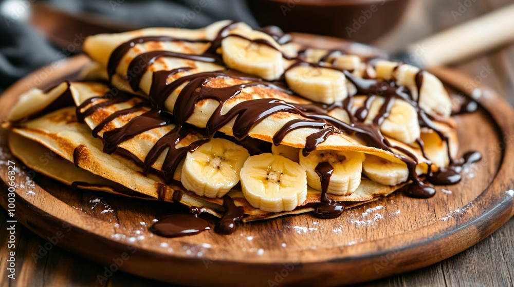 Crepes filled with Nutella and bananas, drizzled with chocolate sauce, against a rustic wooden table background Crepes filled with Nutella and bananas, drizzled with chocolate sauce, against a rustic wooden table background