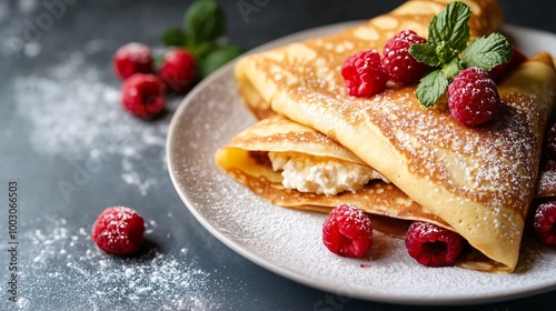 Crepes filled with ricotta and raspberries, placed on a white table with a deep charcoal background for contrast