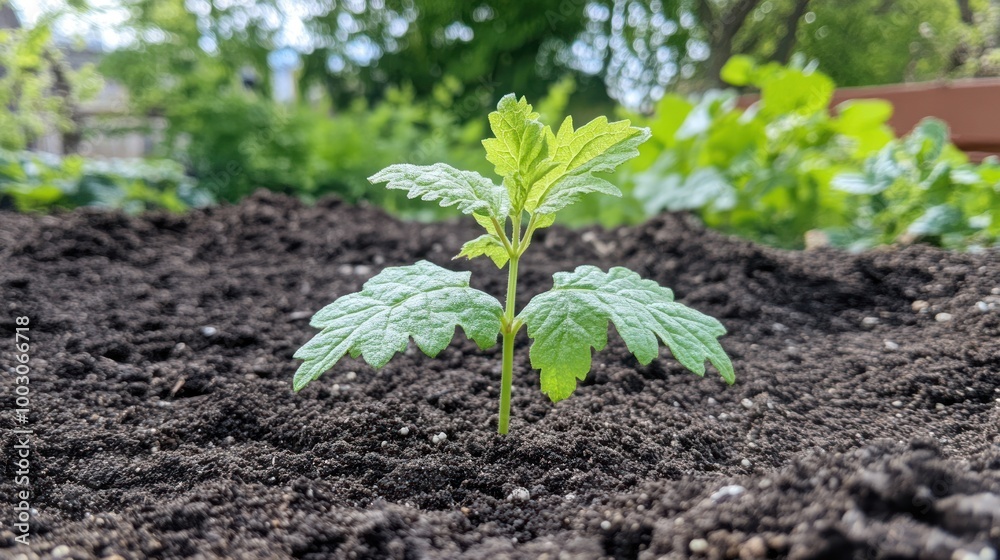 A young green plant sprouting from dark soil in a garden setting. A young green plant sprouting from dark soil in a garden setting.