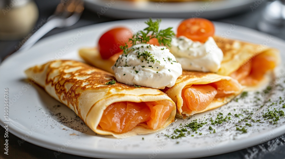 Crepes filled with smoked salmon and cream cheese, on a white ceramic plate, against a bold abstract art backdrop Crepes filled with smoked salmon and cream cheese, on a white ceramic plate, against a bold abstract art backdrop