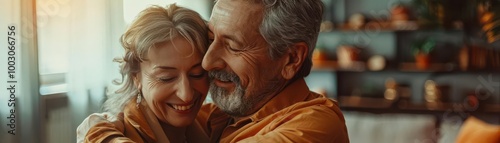 Elderly couple with matching outfits, dancing in a living room