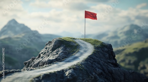 Mountain top Road going to achievement flag, Business goals achieve concept photo