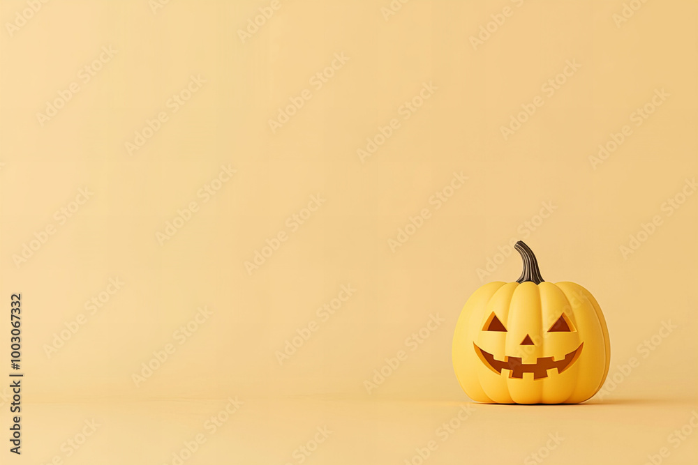 A pumpkin with a smiley face on it is sitting on a yellow background A pumpkin with a smiley face on it is sitting on a yellow background