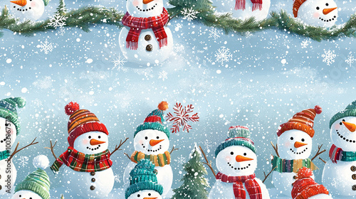 
Illustrate a continuous pattern of snowmen wearing colorful scarves and hats, surrounded by falling snowflakes and evergreen trees