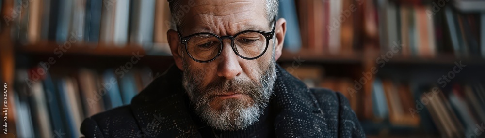 Middle-aged man with a beard and glasses, reading and focusing a book in a cozy library Middle-aged man with a beard and glasses, reading and focusing a book in a cozy library